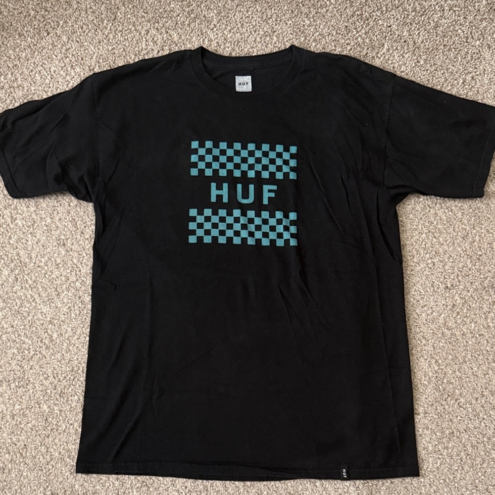 HUF Black Tee with Teal Checkerboard HUF Logo